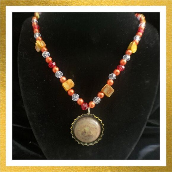 3/$20 Hand Crafted BOTTLE CAP Beaded CABOCHON Mother of Pearl NECKLACE - Picture 1 of 2